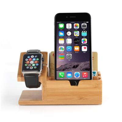 China Mobile Phone 2 in 1 Bamboo& Wooden Stand Desktop Mobile Phone Holder & Stand Wooden Cell Phone Desk Watch Holder for sale