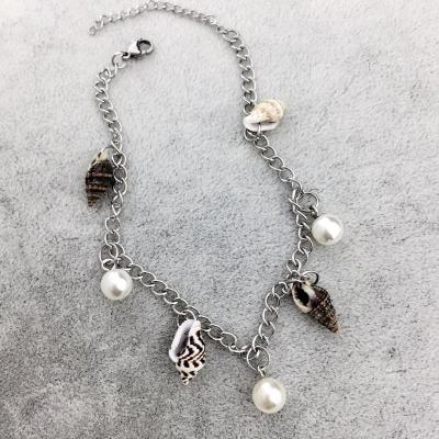 China Vintage Beach Style Conch Shell Pendant Stainless Steel Pearl Hawaiian Anklet for sale