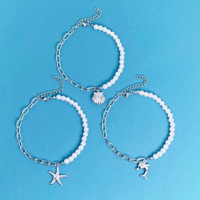 China Vintage Charm Bead Stainless Steel Anklet Chain Seashell Starfish Dolphin Pendant For Woman Girl for sale