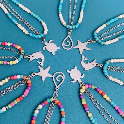 China BOHEMIA Fashion Sea Style Ladies Anklet Double Layer Turquoise Stainless Steel Dolphin Chain Starfish Dangle for sale