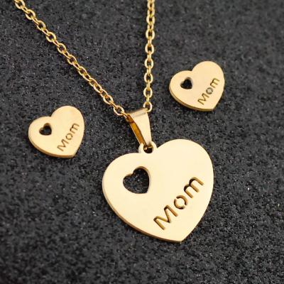 China Heart Bear Crown Sun Mama Romantic Wholesale Stainless Steel Necklace Earrings Necklace Jewelry Set Gold Plated for sale