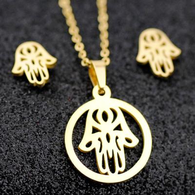 China CLASSIC Palm ECG Flower Bow Tie Round Flamingo Bear Our Lady Tree Stainless Steel Earrings Necklace Jewelry Set Gold Plated for sale