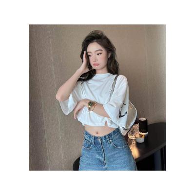 China High-end women's main regular high-end clothes 2022 new fashion summer cotton short-sleeved T-shirt women shorts navel print for sale