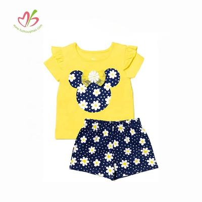 China Factory Price Girls Casual T-shirt Shorts Set Mouse Applique Newborn Infant Outfits Cute Stylish Ruffled Short Sleeve Clothes Set for sale