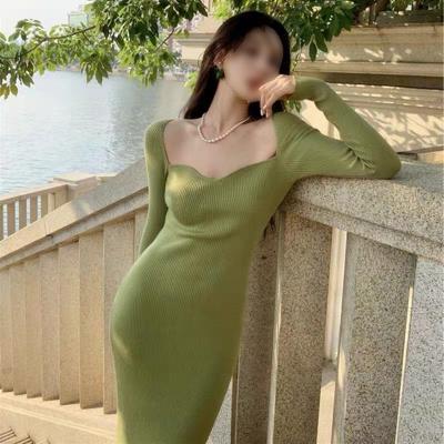 China Anti-pilling Slim Fit Base With Square Neck Knitted Dress Women Sweater Dress Mid Length Suit for sale