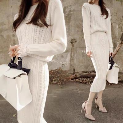 China Anti-pilling Knitted Dress Women Two Piece Suit Mid Length Round Neck Bottoming Women Sweater Dress for sale