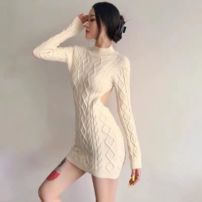 China Beautiful anti-pilling back 2021 new design temperament knitted dress women's long-sleeved all-match sweater dress for sale