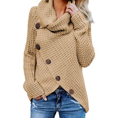 China 2021 Anti-wrinkle Fashion Women's Button Turtle Cowl Neck Edge Wrap Asymmetric Sweater Tops Women Sweater for sale