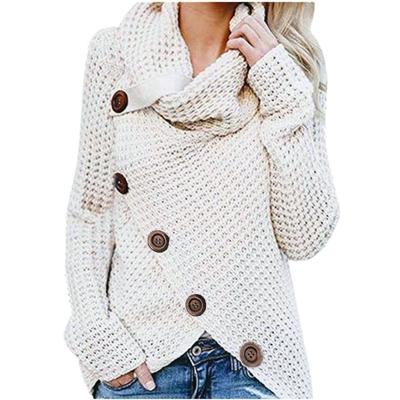 China Anti-Wrinkle Women's Asymmetrical Button Turtle Cowl Neck Edge Wrap Sweater Tops Women Sweater for sale