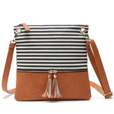 China Fashion Canvas Striped Cross - Body Shoulder Bags Women Vegan PU Leather Tassel Handbag Messenger Purse for sale