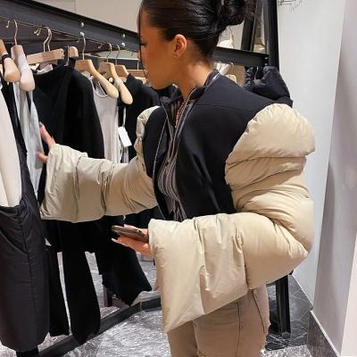 China New Breathable Spring Bubble Patchwork Sleeve Lengthen Warm Crop Stripper Coat Shorts Down Jacket For Ladies for sale