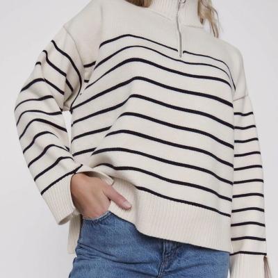 China 2022 new Anti-wrinkle spring zipper side turtle neck sweater split upper thick warm stripe knitted sweater for sale