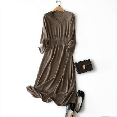 China Brown Breathable V-Neck Long Knitted Dress Minimalist Fashion Sheer Cashmere Dress for sale