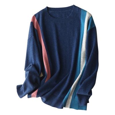 China Anti-wrinkle blue casual sweater unisex color blocking batwing sleeve 100% cashmere sweater for sale