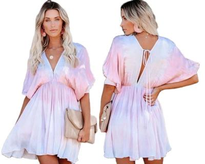 China 2021 Summer Breathable V-Neck Batwing Casual Deep Sleeve Swing Pleated Mini Tie Dye Dress For Women Loose Customized Designs Female Pink White for sale