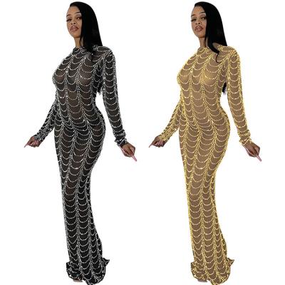 China New Fashion Nightclub Rhinestone Washable Sexy Mesh Dress Transparent Long Sleeve Dress for sale