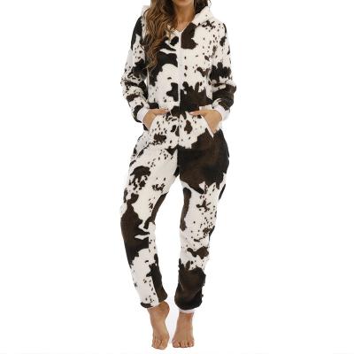 China QUICK DRY cow pattern thickened double-sided fleece home service women's zipper hoodie overalls one-piece warm pajamas autumn and winter for sale