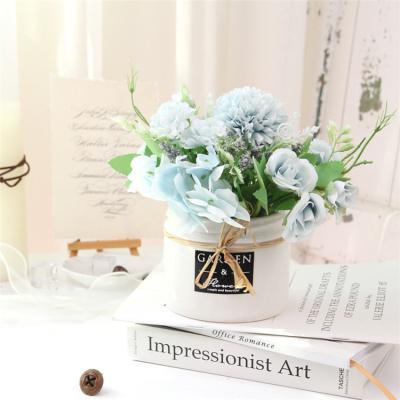 China Hot New Style Desktop Bonsai Decoration Cloth Artificial Hydrangea Rose Mini Flower Ceramic Green Artificial Bonsai for sale