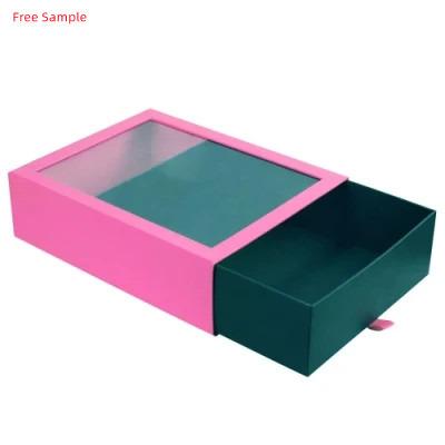 China Logo Red Hot Stamping Packaging Recyclable Luxury Custom Drawer Boxes Customize Printing Cardboard Gift Slide Box With Clear Window for sale