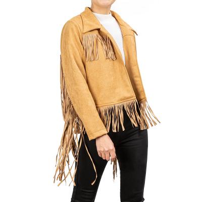 China Breathable Wholesale Camel Spring Fringe Cropped Motorcycle Women Suede Biker Jacket for sale