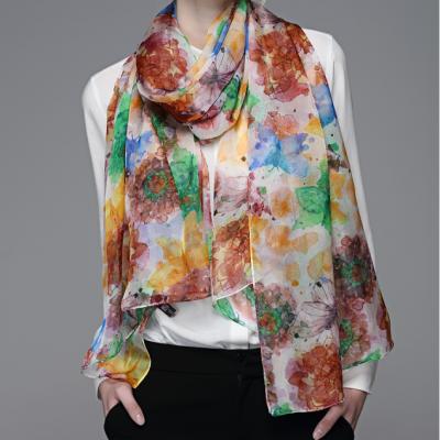 China 2021 New Double Faced Floral Printing Nature Smooth 100% Pure Chiffon Long Silk Scarf for sale