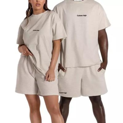 China Custom Heavy Premium Cotton Loose Oversized Men's Shorts Couples 2 Piece Set OEM Manufacturing Breathable Shorts And T-Shirt Sets for sale