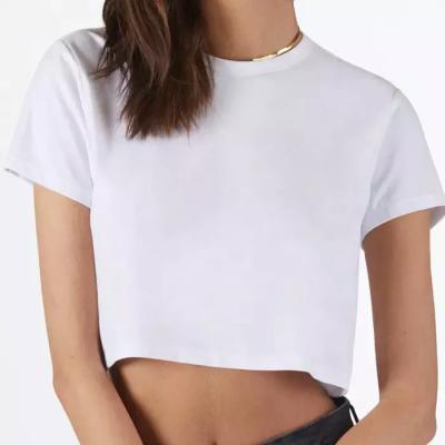 China Anti-Wrinkle OEM Women Relax Fit Set-in Sleeve Cotton T-shirt Gym White Crop Tees Graphic Tees for sale