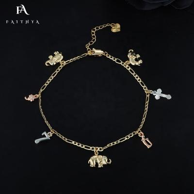 China Fashion FB8001 Faithya 18K Gold Plated Fashion Animal Elephant, Numbers and Floral Cross Charm Cuban Chain Anklet For Women for sale