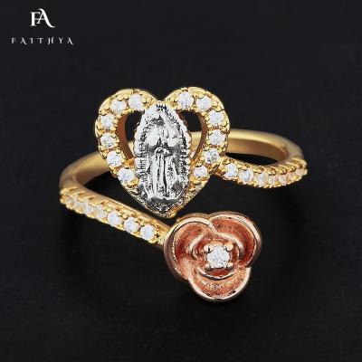 China FR0023 CLASSIC Romantic Zircon Heart Shape Christ Virgin Mary Ring Rose Flower Adjustable 18k Ring Christian Jewelry for sale