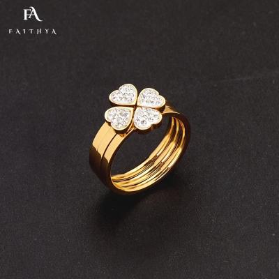 China Cute Clover Luxury Ice Jewelry FR2461 Full Diamond Stainless Steel 18k Gold Plated Tricolor Brand Choice Women's Ring for sale