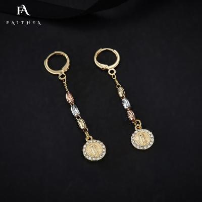 China FE3005 Religious Vintage Long Chain Religious Virgin Mary Zircon Disc with Tricolor 14k Gold Plated Charm Beaded Earrings for Women for sale