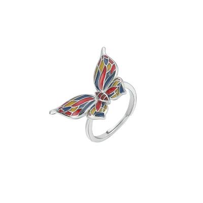 China Factory Trendy Colorful Butterfly Adjustable Enamel Open Ring For Women 925 Sterling Silver Rhodium Plated Rainbow for sale