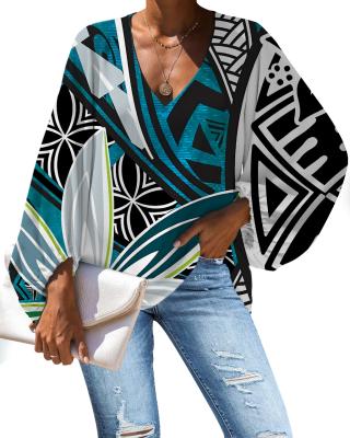 China Anti Pilling Polynesian Tribal Tattoo Blouses Puff Sleeve Chiffon Top Lady Long Sleeve V-Neck Elastic Cuff Shirt for sale