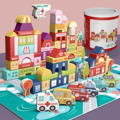 China Educational Wooden Street Sight City Brain Game 115pcs MDF Building Blocks Set For Kids, Macaron Color Blocks With Mat Board Kids Play for sale