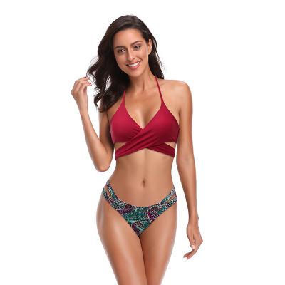 China 2020 Breathable New Hot Sexy Knitting Frenulum Female Swimsuit Print Multicolor Floral Criss-Cross Split Swimwear Beachwear for sale