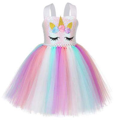 China Breathable Cute Rainbow Unicorn Party Princess Tutu Dress Birthday Gift Clothes Costume For Girls With Headband for sale