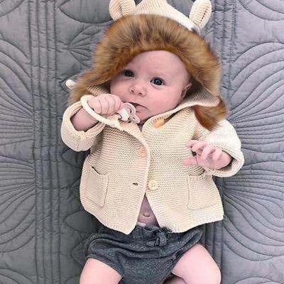 China Hotsale Autumn And Winter Cute Infant Fur Hooded Collar Knitted Baby Jacket Coat Viable Long Sleeve Sweater for sale