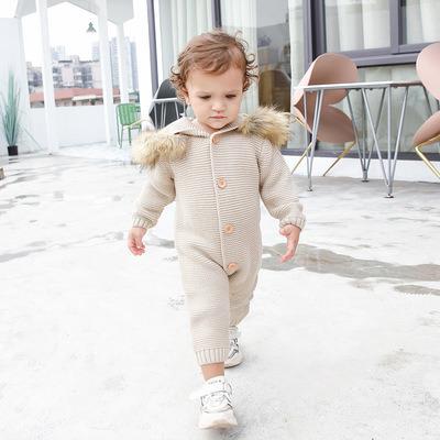 China Multicolor Fur Collar Kids Jumpsuit Autumn And Winter Eco-Friendly Hooded Knitted Baby Romper for sale