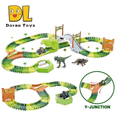 China 144Pcs Dino Track Electric Race Cars Slot Toy Vehicle Playset with Lights for Girls Boys Kids Toddlers for sale