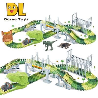 China Flexible Slot Toy 144 PCS Dinosaur Toys Racing Track Train Tracks with T-Rex Dinosaurs Figures for sale