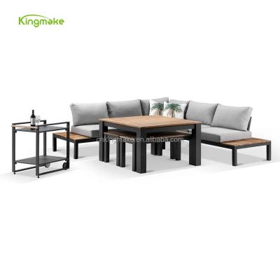 China Modern Luxury Aluminum Teak Wood Sofa Set Garden Lounge Set With Dining Table And Bench Outdoor Sectional Sofa for sale