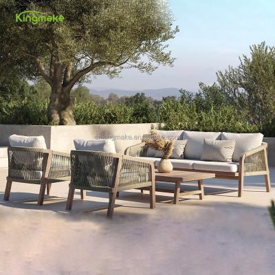 China Modern All Weather Outdoor Sofa Combination Patio Furniture Set Garden Weaving Rope Sofa Set Hotel Solid Wood for sale