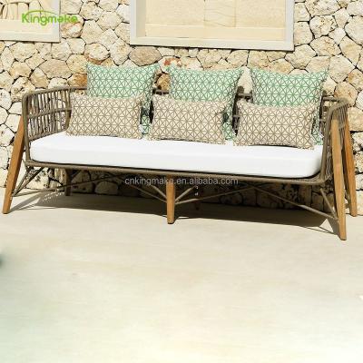 China Modern luxury outdoor garden aluminum sofa set handmade rope weaving sofa with wood finishing outdoor lounge furniture for resort for sale