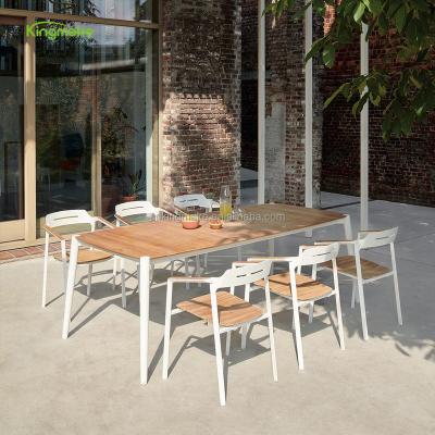 China Modern Wholesale Restaurant Used Luxury Aluminum And Teak Wood Dining Set With 6 Chairs Dining Table Set Outdoor Furniture for sale