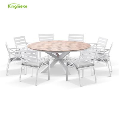 China Wholesale Modern Restaurant Table Set Modern Garden Patio Furniture Aluminum Teak Top Outdoor Dining Table Set 6 Chairs for sale