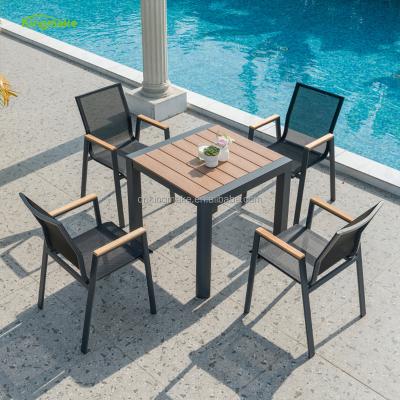 China Modern Hot Sale 4 Seater Square Bistro Table Restaurant Used Plastic Wood Top Dining Table And Chairs Outdoor Furniture Set For Balcony for sale