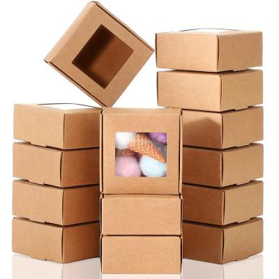 China Recycled Materials Mini Kraft Paper Box With Clear Cardboard Present Box Craft Window Packaging Box For Favor Treat Bakery Candy Brown for sale