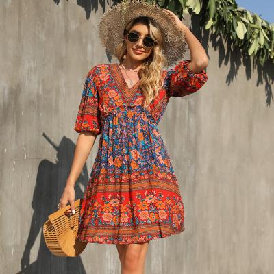 China Washable Fashion V-Neckline Short Sheath New Lady Short Mid Waist Floral Dresses Women Summer Retro Casual Floral Dress for sale