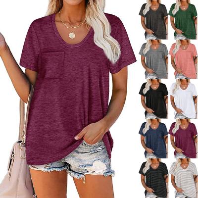 China Amazon Women's Basic Women's Cotton Ladies Summer O-Neck Pocket Solid Loose Simple T-Shirts 2021 New for sale