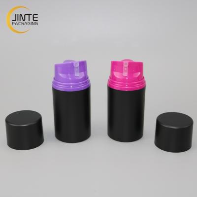 China Recycable Men Skin Care Use Packaging Matt Black 30ml Plastic Airless Lotion Bottle With Colorful Pump for sale